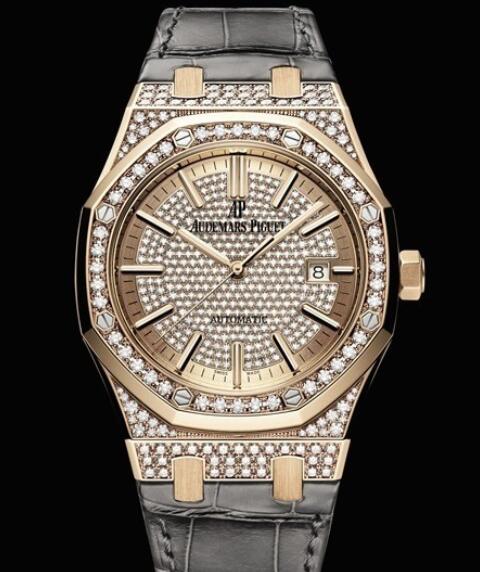 Replica Watch Audemars Piguet Royal Oak Automatique 15402OR.ZZ.D003CR.02 Pink Gold - Diamonds - Alligator Strap