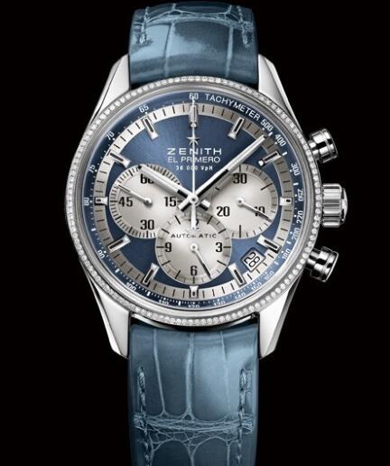 Zenith Watch for Women Replica Watch Zenith El Primero 36'000 VPH 38mm Lady 16.2150.400/51.C705 Steel - Diamonds - Blue Dial - Blue Alligator Strap