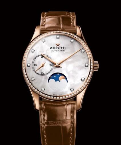 Zenith Watch for Women Replica Watch Zenith Elite Ultra Thin Lady Moonphase Héritage 22.2310.692/81.C709 Pink Gold - Diamonds - Mother-of-Pearl - Alligator Strap
