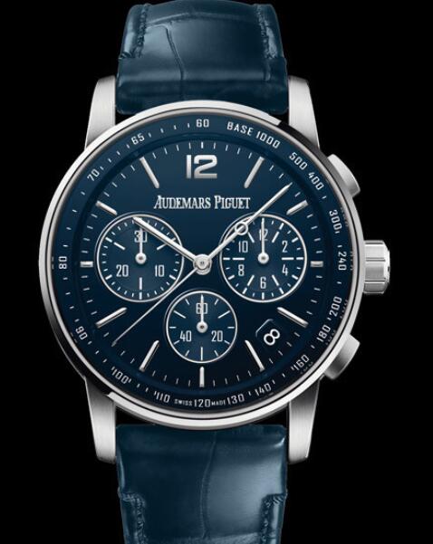 Replica Audemars Piguet Watch Code 11.59 Selfwinding Chronograph 26393BC.OO.A321CR.01 White Gold - Blue Dial - Strap Alligator