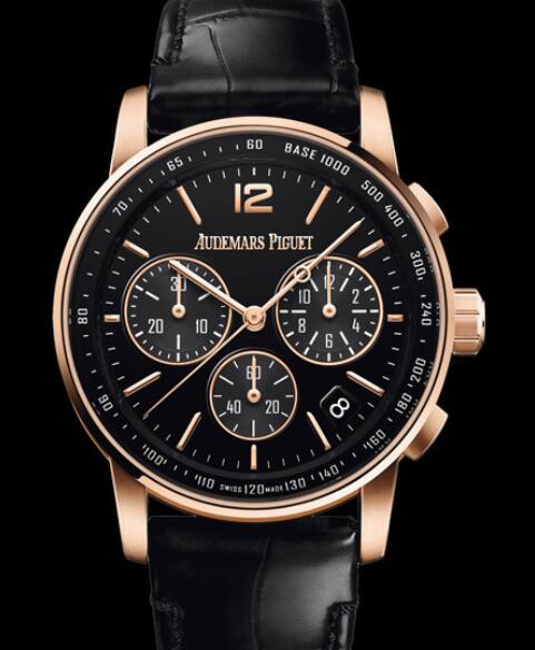 Replica Audemars Piguet Watch Code 11.59 Selfwinding Chronograph 26393OR.OO.A002CR.01 Pink Gold - Black Dial - Strap Alligator