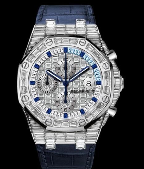 Replica Audemars Piguet Chronographe Royal Oak Offshore 26473BC.ZZ.D023CR.01 White Gold - Diamonds and Blue Sapphires - Blue Alligator Strap