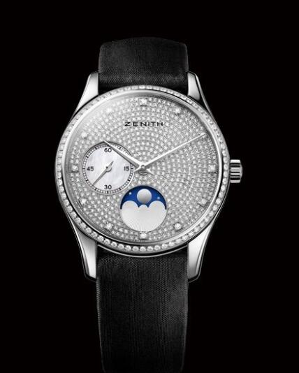 Zenith Watch for Women Replica Watch Zenith Elite Ultra Thin Lady Moonphase Héritage 45.2310.692/09.C717 White Gold - Diamonds - Mother-of-Pearl - Satin Strap