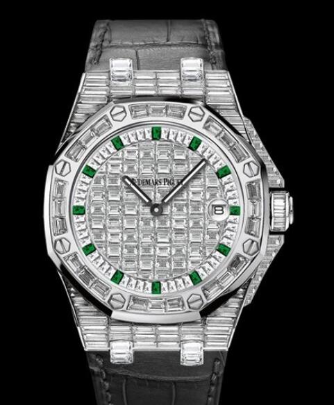 Replica Audemars Piguet Watch Royal Oak Offshore Quartz 67543BC.ZZ.D204CR.01 White Gold - Diamonds and Emeralds - Black Alligator Strap