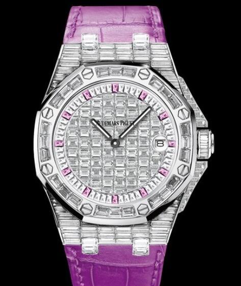 Replica Audemars Piguet Royal Oak Offshore Quartz 67543BC White Gold - Diamonds and Pink Sapphires - Pink Alligator Strap